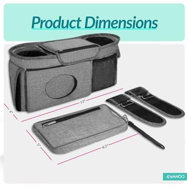 Swanoo Stroller Caddy Stroller Organizer With Cup Holder, Non Slip Straps Stroller Bag for Phone, Pet Stroller Accessories, Universal Fits Uppababby Vista v2 Wonderfold Wagon, Doona and More - Image 6
