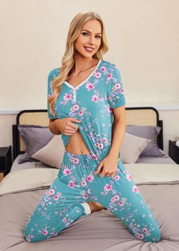 Ekouaer Pajamas for Women Set 2 Piece Lounge Set Short Sleeve Pjs Joggers Long Pants Sleepwear with Pockets - Image 2