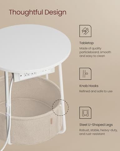 VASAGLE LILEA Collection - Side Table with Charging Station, Round End Table with Fabric Basket, Nightstand with USB Ports, for Living Room, Bedroom, Modern, Matte White and Camel Brown ULET228W01 - Image 6