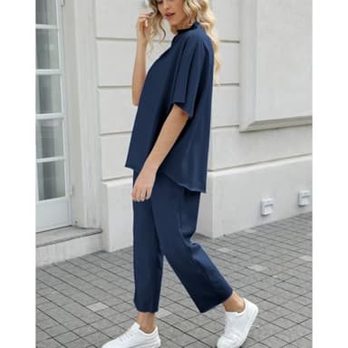 SeeLuNa Women's Two Piece Outfits 3/4 Batwing Sleeve Capelet Crew Neck Pullover Top Wide Leg Pants Lounge Set(Navy, L) - Image 3