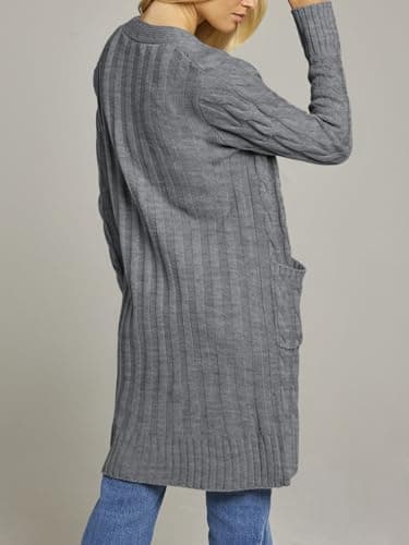 MEROKEETY Women's 2025 Long Sleeve Cardigan Sweater Fall Winter Cable Knit Open Front Button Long Outerwear, Charcoal, L - Image 3