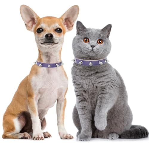 BINGPET Adjustable Leather Spiked Studded Pet Collars,Genuine Leather Dog Collar with Bells,Spiked Cat Puppy Collar,Spikes Soft and Strong Real Leather Made, Adjustable for Small Dogs Puppy Cats - Image 1