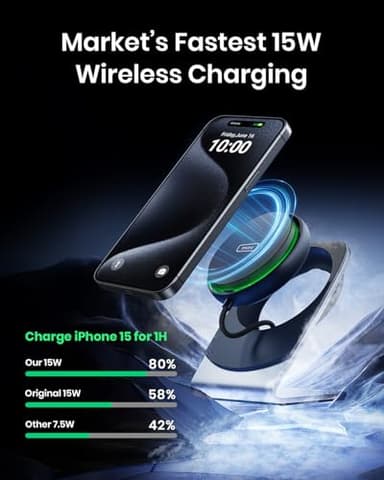 INIU Wireless Charger, 15W Fast Charging Magnetic Wireless Charger Stand, Travel Essential Wireless Charging Station with Sleep-Friendly Adaptive Light, for iPhone 16/15/14/13/12 Series, Airpods - Image 2