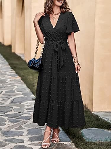 MASCOMODA Womens Summer Swiss Dot Maxi Dresses Wrap V Neck Flutter Short Sleeve Boho Casual Flowy Long Wedding Guest Dress - Image 5