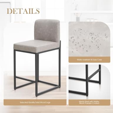 Sophia & William Light Grey Bar Stools Set of 3, Modern PU Leather Counter Height Barstools with Back, 24" Kitchen Island Bar Chairs - Image 6