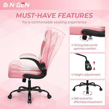 N-GEN Video Gaming Chair Ergonomic Computer Desk Office Chair with Lumbar Support Adjustable Height Swivel Wheels Flip-Up Arms PU Leather Home and Office (Pink) - Image 7