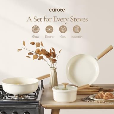 CAROTE 14pcs Ceramic Cookware Set, Pots and Pans Set Non Stick, Nonstick Cookware Set, Dishwasher Safe Non-toxic Healthy Nonstick Cooking Set, with Frying Pans Set, Cream - Image 6