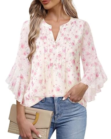 Timeson Womens V Neck Tops: Office Work - Ladies Blouses and Tops Dressy - Womens Casual Shirts 3/4 Sleeve Women's Business Attire Fancy Chiffon Tunic Pretty Polyester Peasant Wedding Wear Red Rose XL - Image 2