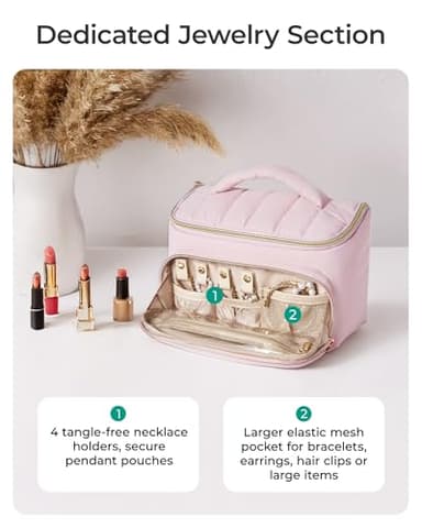 BAGSMART Travel Makeup Bag with Jewelry Organizer, Portable Make Up Bag, Puffy Wide-Opening Cosmetic Storage Pouch for Women’s Toiletries and Travel Essentials (Brown) - Image 3