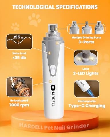 HARDELL Dog Nail Grinder, Super Quiet Dog Nail Trimmers with 2 LED Lights & 3 Grinding Ports, Safety Pet Nail Grinder for Small Dogs/Cats & Puppy - Image 7
