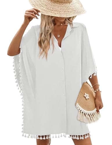 AI'MAGE Women's Swimwear Cover Ups 3/4 Sleeve Beach Coverup with Tassel Button Down Oversized Swimsuit Cover Up Shirt White - Image 1