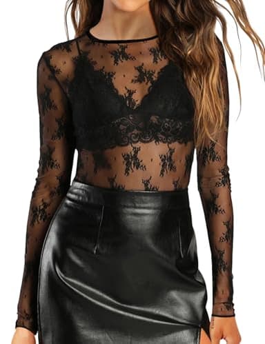 AKEWEI Women's Mesh See Through Crew Neck Long Sleeve Tops Sexy Party Clubwear Tee Basic Fitted Lace T-Shirt(Black,L) - Image 1