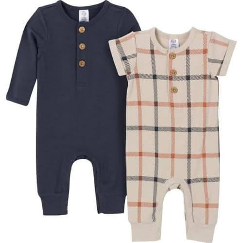 Gerber Baby Boys and Baby Girls' 2-Pack Long Leg Romper, Blue Plaid, 12 Months