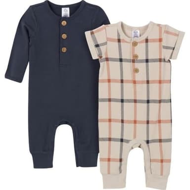 Gerber Baby Boys and Baby Girls' 2-Pack Long Leg Romper, Blue Plaid, 12 Months