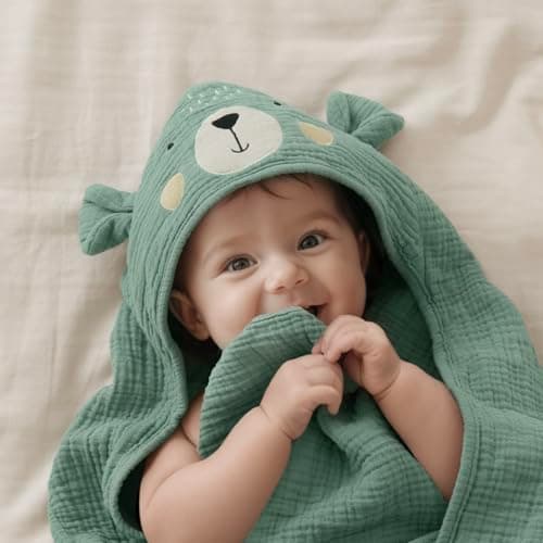 Blissful Diary Muslin Baby Hooded Towel, Soft and Absorbent Bath Towel for Newborn, Infant, Toddler, Unisex, 32″x32″ - Smart Bear - Image 1