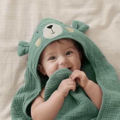 Blissful Diary Muslin Baby Hooded Towel, Soft and Absorbent Bath Towel for Newborn, Infant, Toddler, Unisex, 32″x32″ - Smart Bear - Image 1
