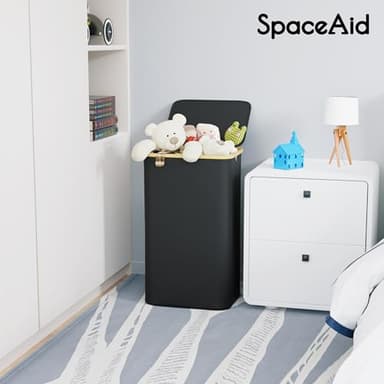 SpaceAid Laundry Hamper with Lid, 110L Large Tall Clothes Basket Bin with Bamboo Handles, Collapsible Laundry Hamper for Bedroom, Bathroom, Dorm, Laundry Room - Black - Image 2