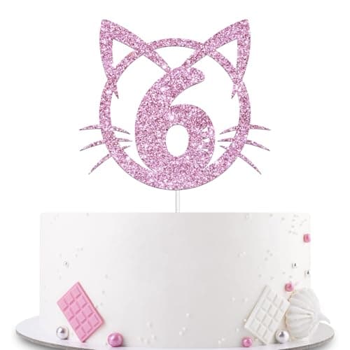YHEZXUN Cat 6 Cake Topper, Six Birthday Cake Decoration, Pet Cat Kitty Theme 6 Years Old Cake Topper Pink Glitter Cute Party Supplies - Image 1