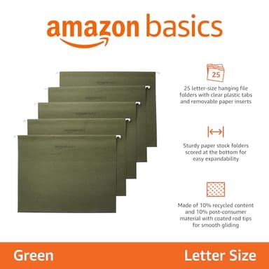Amazon Basics Hanging Organizer File Folders for Efficient Filing, Sturdy, Adjustable Tabs, Letter Size, Pack of 25, Green - Image 2
