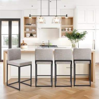 Sophia & William Light Grey Bar Stools Set of 3, Modern PU Leather Counter Height Barstools with Back, 24" Kitchen Island Bar Chairs - Image 3