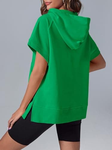 Fisoew Womens Oversized Half Zip Hoodies Short Sleeve Casual Sweatshirts Pullover Tops with Pockets Green - Image 4