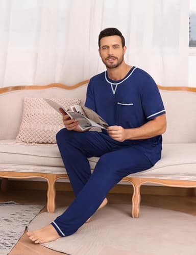 SWOMOG Mens Pajamas Set Modal Short Sleeve Sleepwear Crew Neck Pjs 2 Piece Loungewear Nightshirt Top & Pants with Pockets Navy Blue Large - Image 5