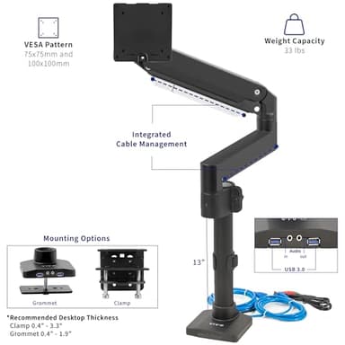VIVO Premium Aluminum Tall Extended Monitor Arm for Ultrawide Monitors up to 49 inches and 33 lbs, USB Single Desk Mount Stand, Pneumatic Height Adjust, Max VESA 100x100, Black, STAND-V101GTU - Image 5