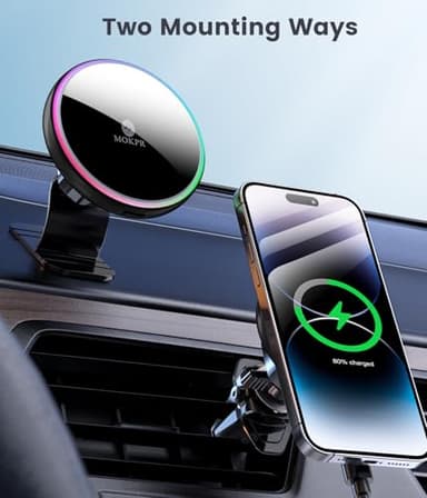 MOKPR for Magsafe Car Mount Charger-15W Wireless Car Charger-Magnetic Car Phone Holder for Dash Air Vent-LED RGB HandsFree Car Mount Fast Car Charger for iPhone 14/13/12 Series - Image 2