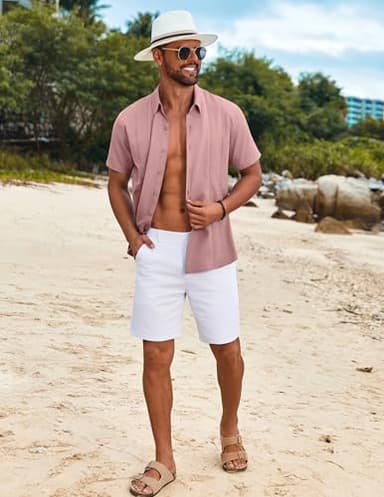 COOFANDY Guayabera Shirts for Men Short Sleeve Button Down Shirts Summer Beach Wear Dusty Pink - Image 4