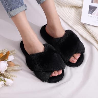 Evshine Women's Fuzzy Slippers Cross Band Memory Foam House Slippers Open Toe, Black, 42-43 (Size 10-11) - Image 2