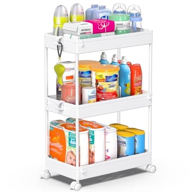 SPACEKEEPER Storage Rolling Cart, 3 Tier Laundry Room Organization Utility Cart Bathroom Organizer Mobile Shelving Unit Shelves Multi-Functional Trolley, White - Image 1