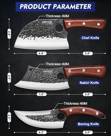 Topfeel 3PCS Butcher Knife Set, Hand Forged Serbian Chef Knives & Meat Cleaver & Viking Knives, Meat Cutting Kitchen Knife Set for Home, Outdoor Cooking, Camping BBQ Gift Idea Men - Image 6