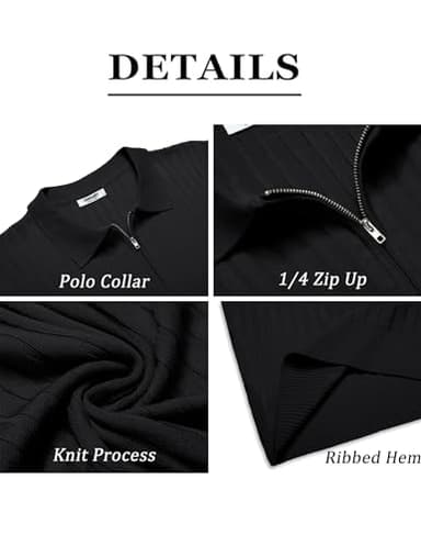 COOFANDY Men's Zipper Polo Shirts Short Sleeve Ribbed Knit Polo T Shirts Fashion Casual Golf Shirts Black - Image 5