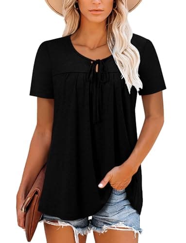 BETTE BOUTIK womens tops crewneck short sleeve blouses for women pleated short sleeve cute tops for women Black 3X-Large - Image 2