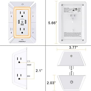 POWRUI Multi Plug 6 Outlet Surge Protector Extender with 3 USB Ports (1 USB C) and Night Light, 3-Sided Power Strip with Adapter Spaced Outlets, ETL Listed, White - Image 8