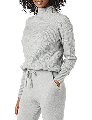 Amazon Essentials Women's Winter Long-Sleeve Sweater, Soft Touch Funnel Neck Cable Knit, Grey Heather, Medium - Image 1