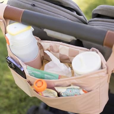 Tiny Twinkle Universal Stroller Organizer with Adjustable Strap - Waterproof Stroller Caddy Fits Baby Jogger,Nuna,Graco,Donna and Bugaboo Strollers（Beige Checkers） - Image 5