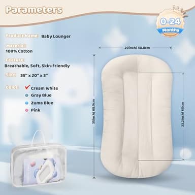 Baby Lounger - Baby Lounger for Newborn, 0-24 Months, Infant Lounger for Home and Travel, Soft Cotton, Baby Nest Lounger, Newborn Babies Essentials Gifts, White (Lounger Cover Included) - Image 2