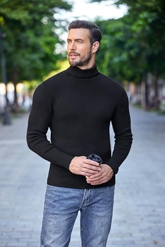 COOFANDY Men's Ribbed Slim Fit Knitted Pullover Turtleneck Sweater, Black, Medium - Image 6