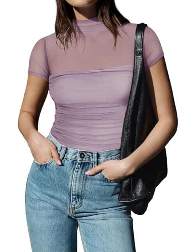 REORIA Sexy Bodysuits for Women Classic Mock Turtle Neck Short Sleeve Slim Fit Shirts Sheer Mesh Ruched Trendy Going Out Tops Cute Office Bodysuits Hazy Lilac Large - Image 5