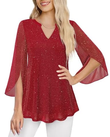 VALOLIA Plus Size Tops For Women Dressy, Ladies Fall Blouses Festival Holiday Beautiful Flowing Tops Luxury Clothing For Women Casual Evening Outfits Sparkly Red X-Large - Image 2