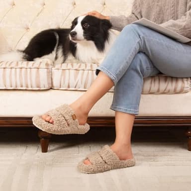 EverFoams Womens Fuzzy Open-toe Slippers Soft Comfy Memory Foam Indoor House Shoes Vintage Khaki, 7-8 US - Image 2