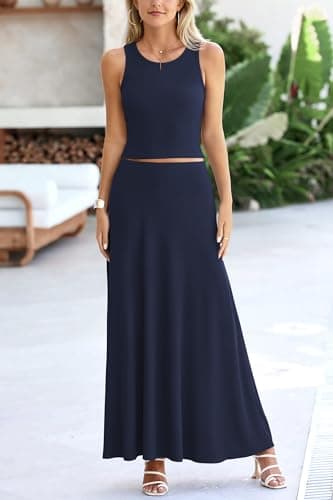 PRETTYGARDEN Women's 2 Piece Maxi Skirt Sets Casual Summer Knit Cropped Tank Top High Waisted Long Skirts Outfit (Navy,Small) - Image 7