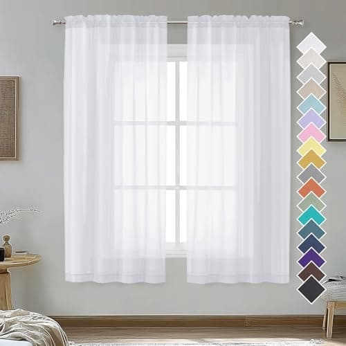 OVZME White Sheer Curtains 63 inch Length 2 Panels for Bedroom Living Room, Light Filtering Dual Rod Pocket Voile, Each 42 Width by 63 Length. - Image 1