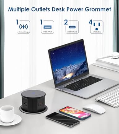 Pop up Outlet for Countertop with 15W Wireless Charger,65W USB C Charging Station,4 Outlets,2 USB C,USB A,Tamper Resistant Receptacle,4.7'' Hole Power Grommet,Office Power Supply,Black - Image 2