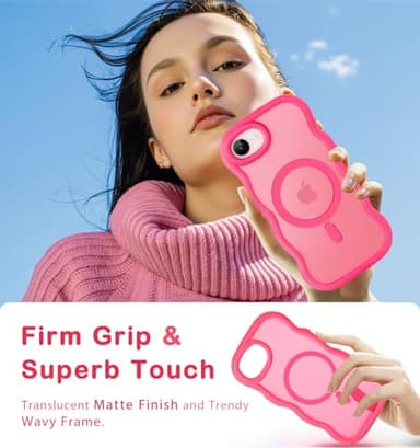 Amzfield Magnetic for iPhone 16e Case, Compatible with Magsafe Wavy Frame Cute Design Translucent Matte Hard Back Silicone Bumper Shockproof Protective Phone Case for iPhone 16 e Women Girls, Hot Pink - Image 7
