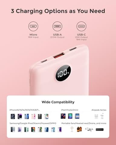 VEEKTOMX Small Portable Charger, Mini Power Bank 10000mAh, PD 22.5W Fast Charging USB-C Battery Bank, Travel Essentials Dual Voltage External Portable Powerbank for iPhone/Samsung/Google Pixel, Pink - Image 7