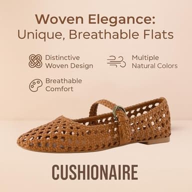 CUSHIONAIRE Weston Women’s Hand Woven Dressy Ballet Flats – Faux Leather Mary Jane with Adjustable Strap & Memory Foam, COGNAC 8 - Image 2