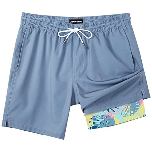SURF CUZ Mens Swim Trunks with Compression Liner Quick Dry Swim Shorts 7" Swimming Trunks Stretch Zipper Pockets Haze Blue Large - Image 1