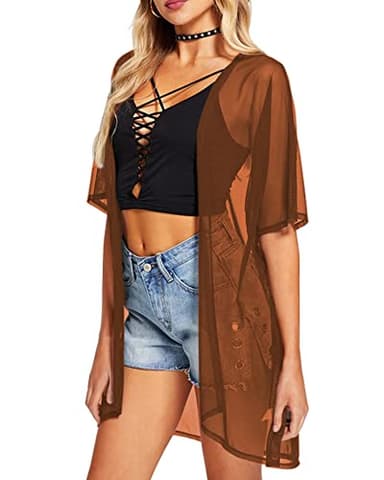 BelleLovin Sheer Cardigans for Women Half Sleeve Open Front Mesh Kimono Coverups (X-Large, Brown) - Image 2